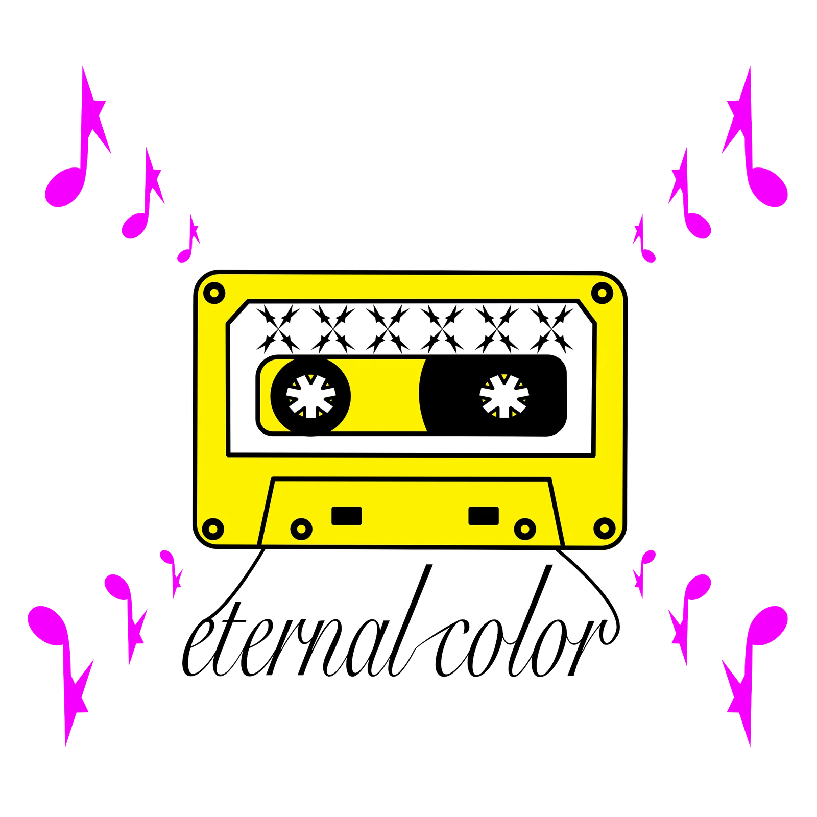 黄色いカセットテープと音符のイラスト